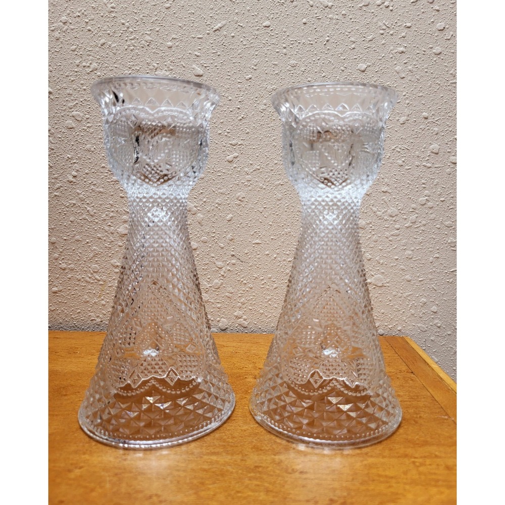 Pair of Vintage 1979 Avon Fostoria Glass Hearts Diamond Candlestick Holder Vase